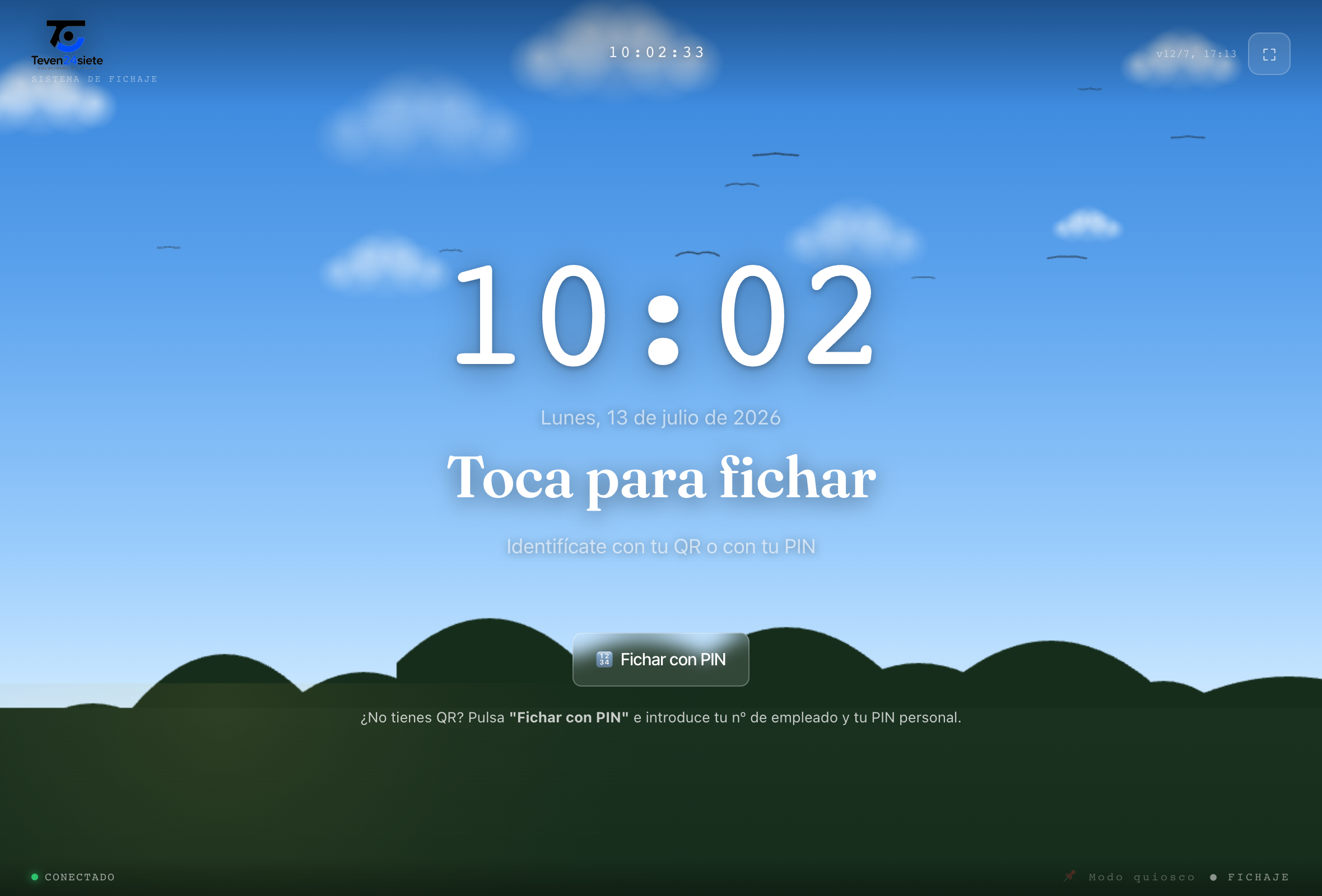 Pantalla de fichaje: reloj y ‘Toca para fichar’